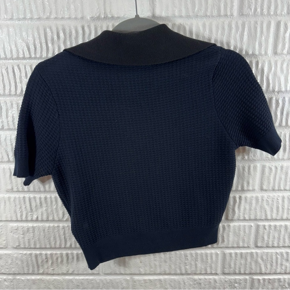 Patou Cropped Waffle Knit Cardigan Navy Blue 3D Knit Short Sleeve Small - Picture 3 of 5